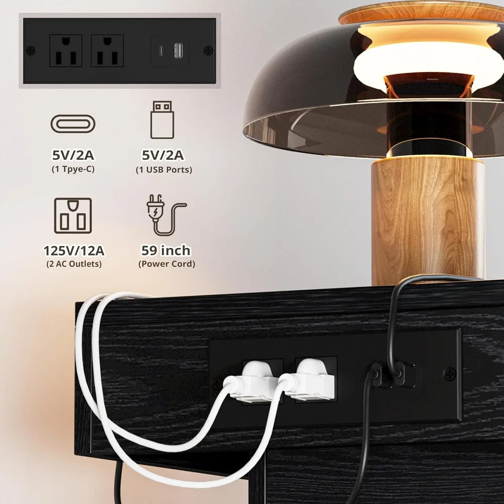Modern Nightstand With Charging Station, LED Light, And Drawers