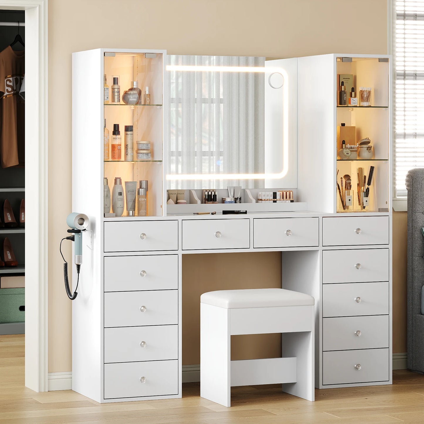 Bedroom Makeup Vanity Desk With Mirror And 12 Drawers