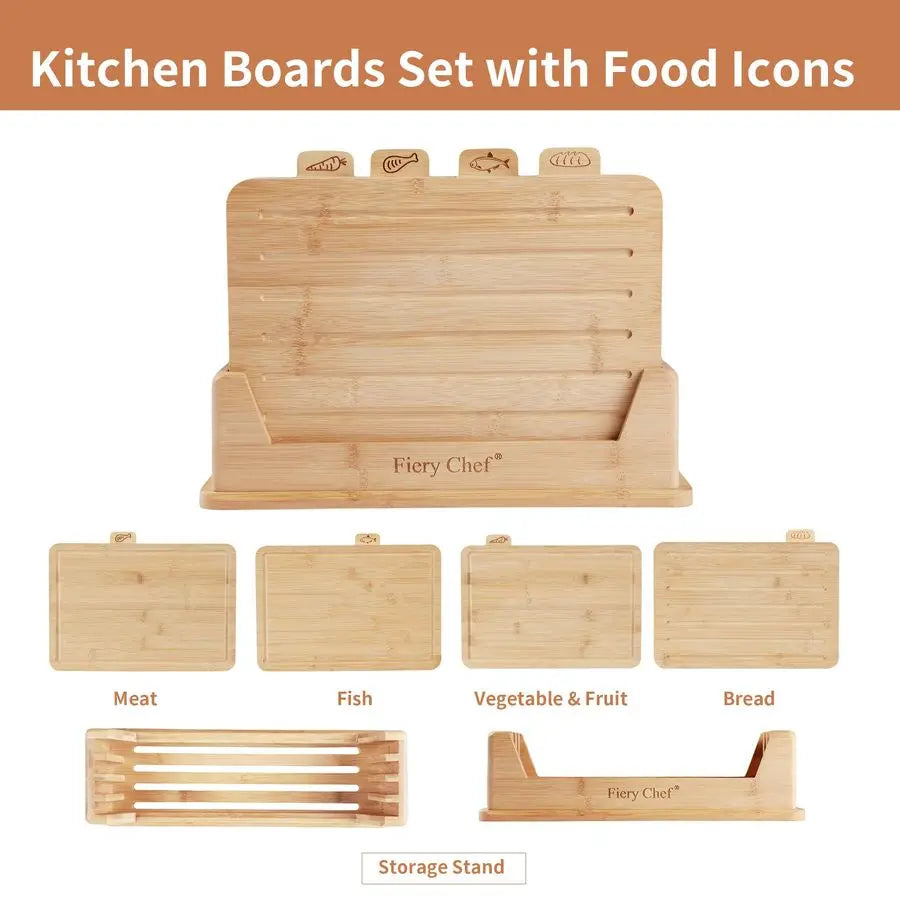 Bamboo Cutting Board Set Of 4 With Holder And Icons