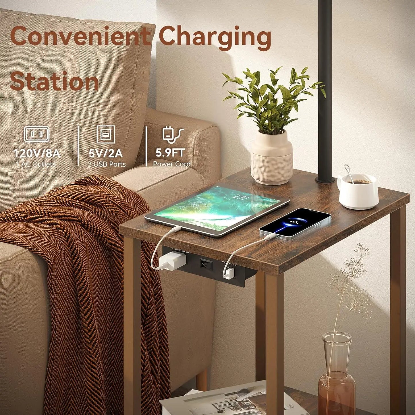 Floor Lamp With Side Table USB Ports And Adjustable Head