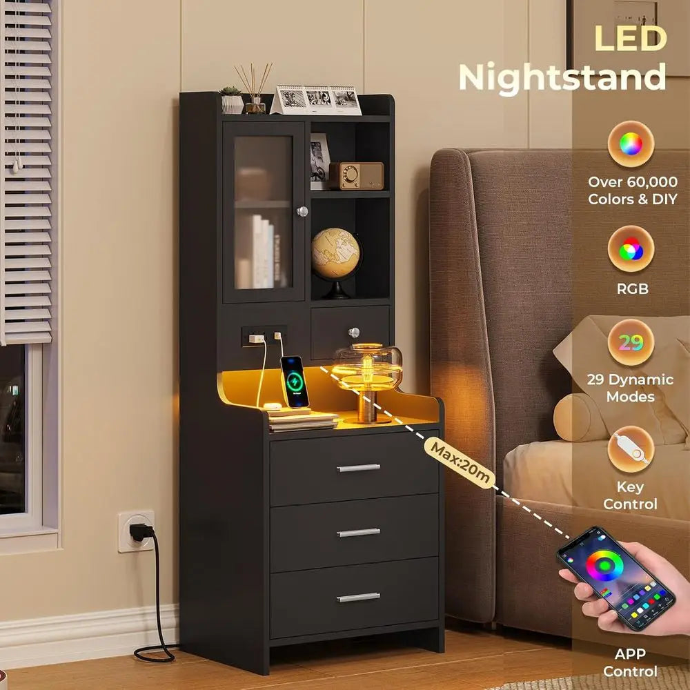 Dual LED Nightstand Set With Charging Station And Bookshelf