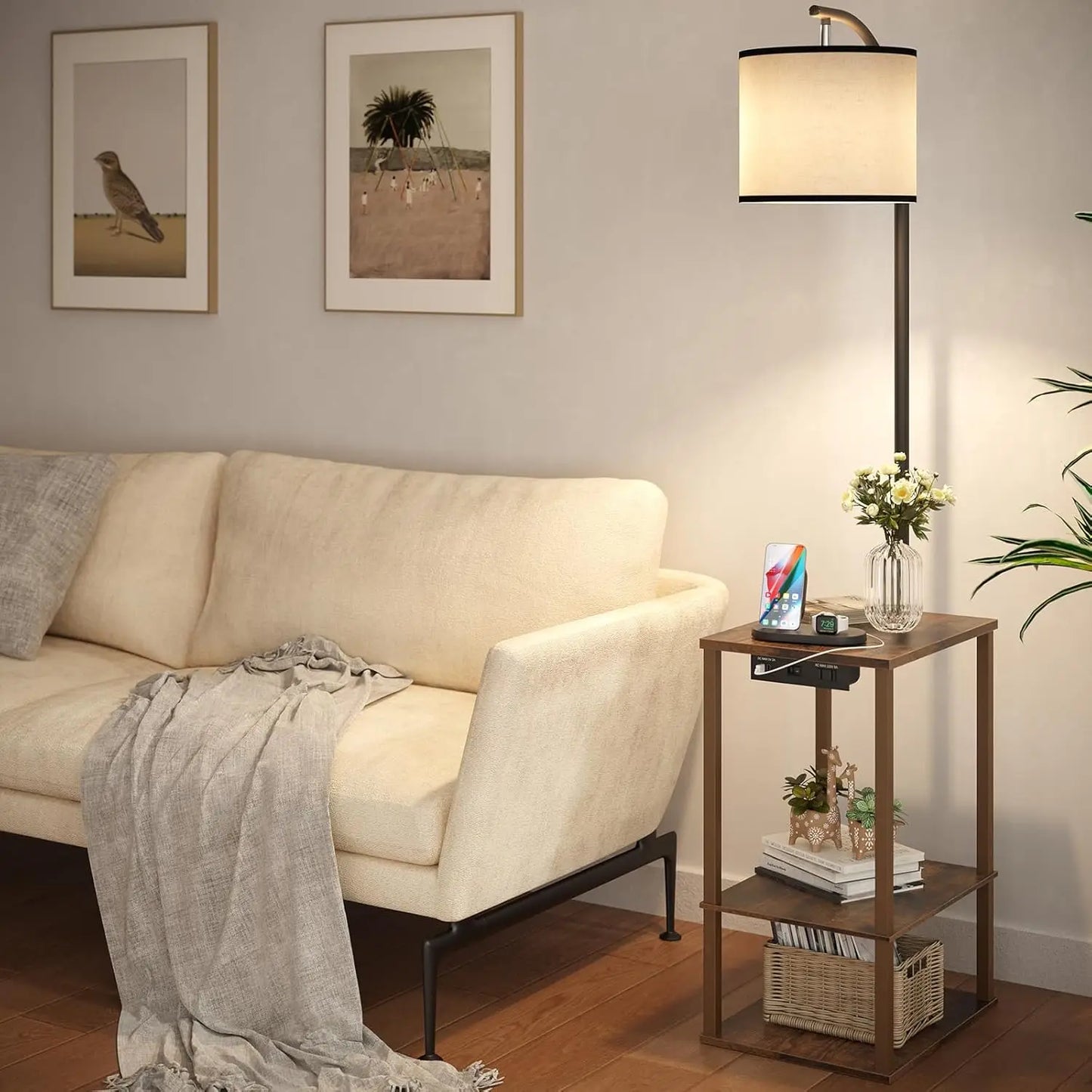Floor Lamp With Side Table USB Ports And Adjustable Head