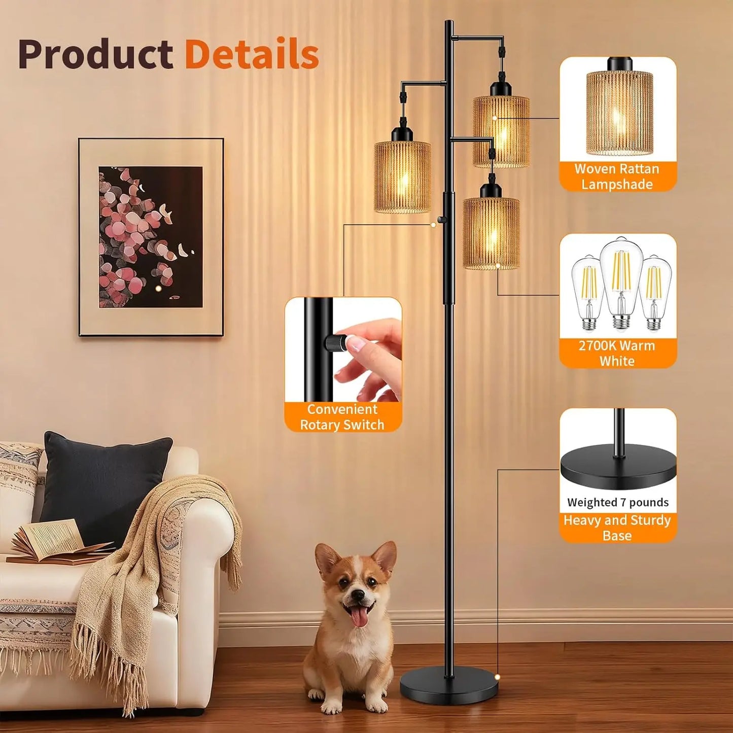 Rattan Boho Floor Lamp With Dimmable Light And LED Bulbs