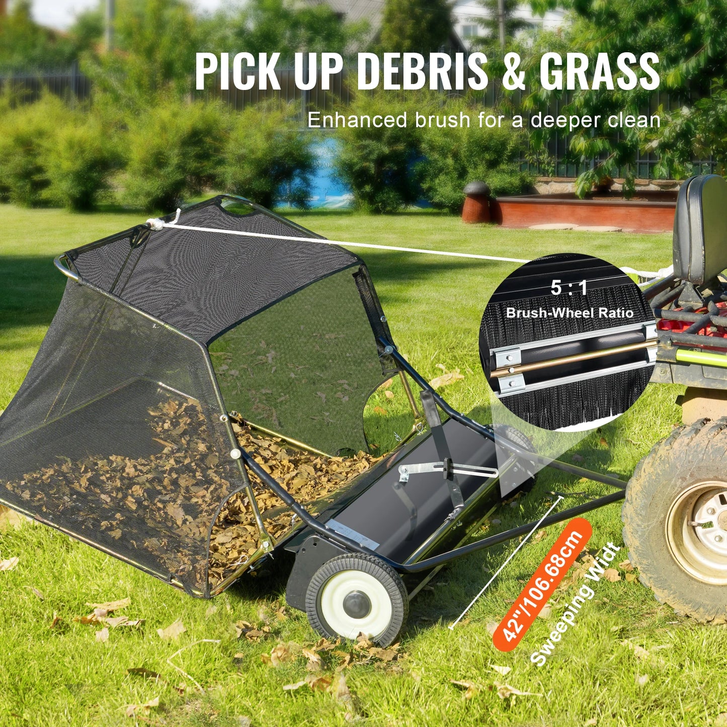 SucceBuy Lawn Sweeper Tow Behind Debris Collector 12 cu ft