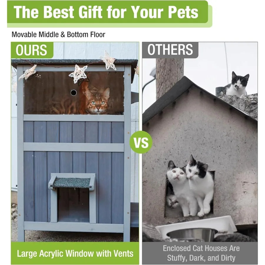 NONECN Two-Story Wooden Outdoor Cat House With Escape Doors