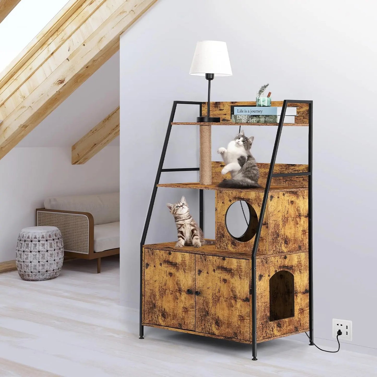 Cat Litter Box Enclosure With Storage Shelves And Charging Station