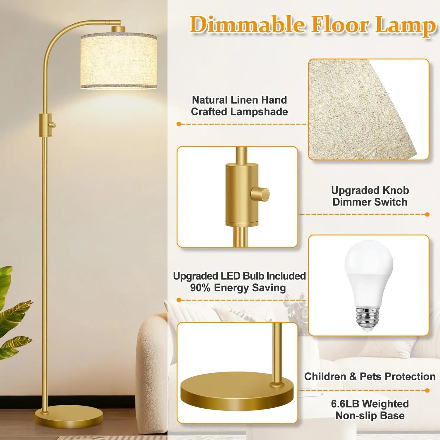 Modern Arc Dimmable Floor Lamp With Linen Shade Bulb Included