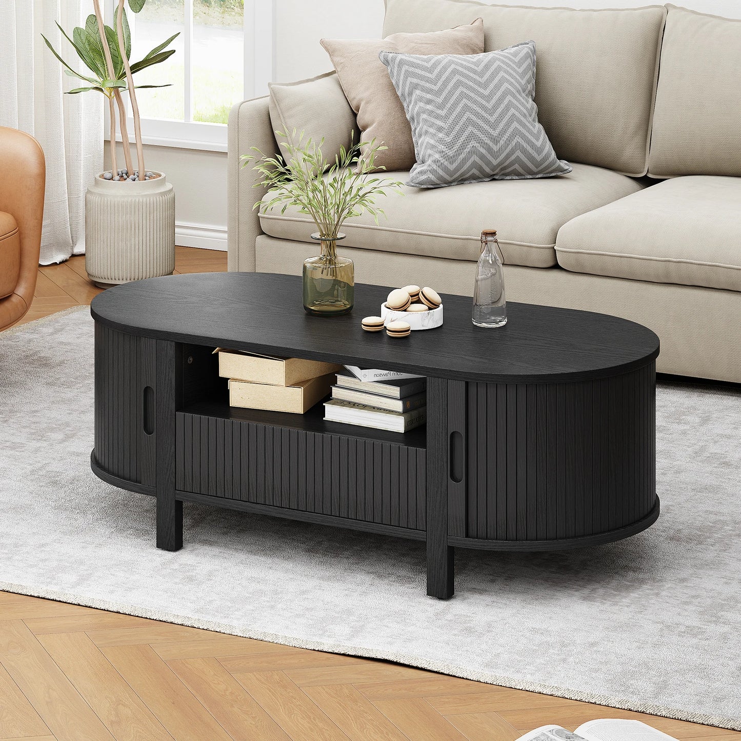 Oval Coffee Table With Cabinets And Sliding Doors