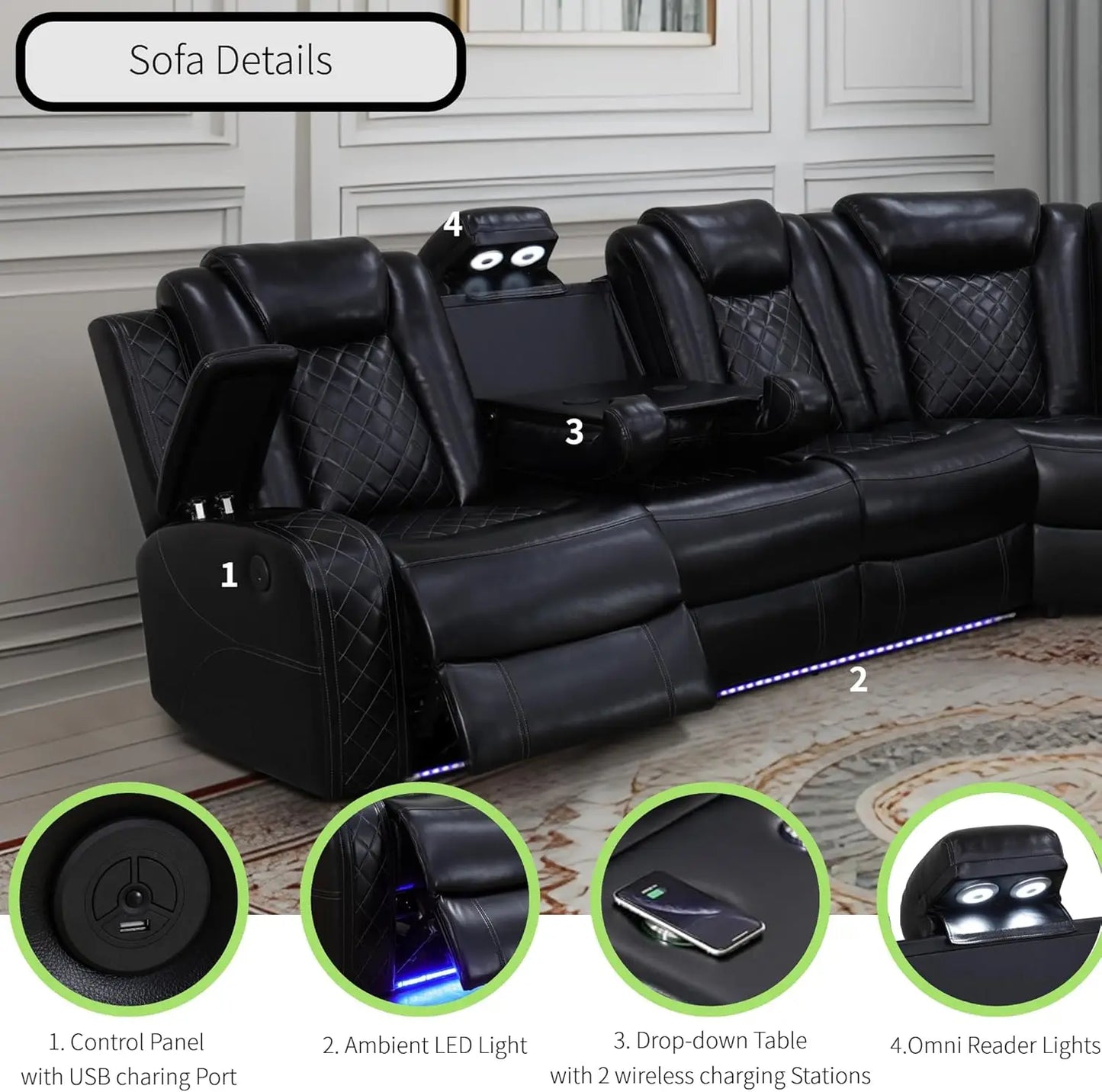 Air Leather Power Recliner Corner Sectional With LED Light
