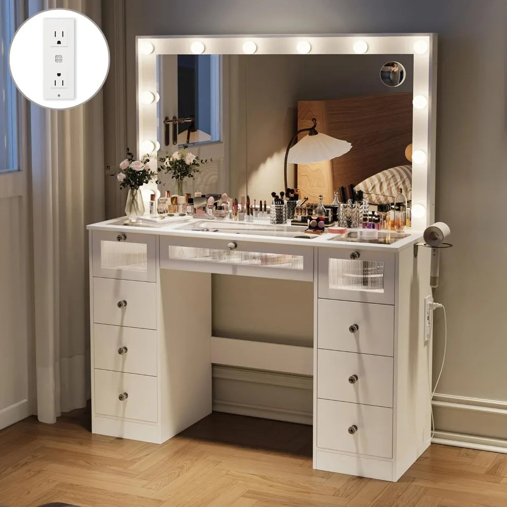 Makeup Vanity Desk With Lights Mirror Charging Station