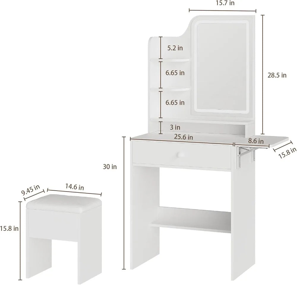 Compact Makeup Vanity Desk With LED Mirror And Charging Station