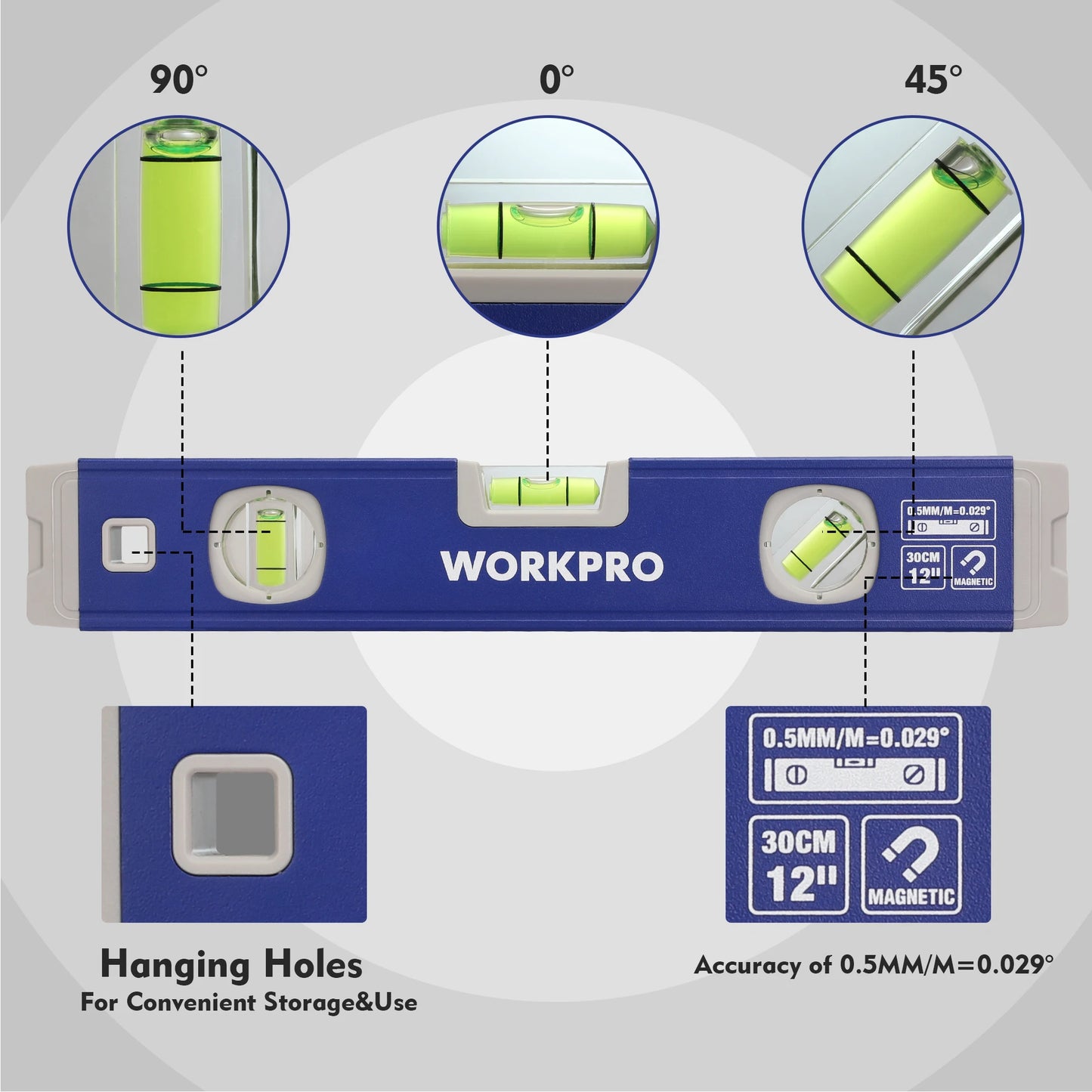 WORKPRO 3 Piece Spirit Level Set Magnetic Torpedo Level