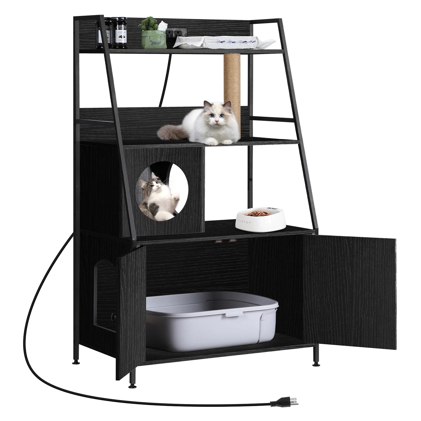 Cat Litter Box Enclosure With Storage Shelves And Charging Station
