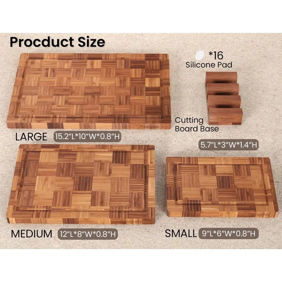 End Grain Bamboo Cutting Board Set With Juice Groove Holder