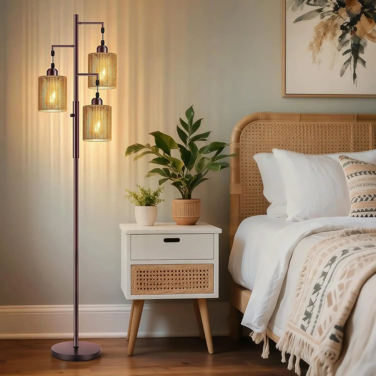 Rattan Boho Floor Lamp With Dimmable Shades Bulbs Included