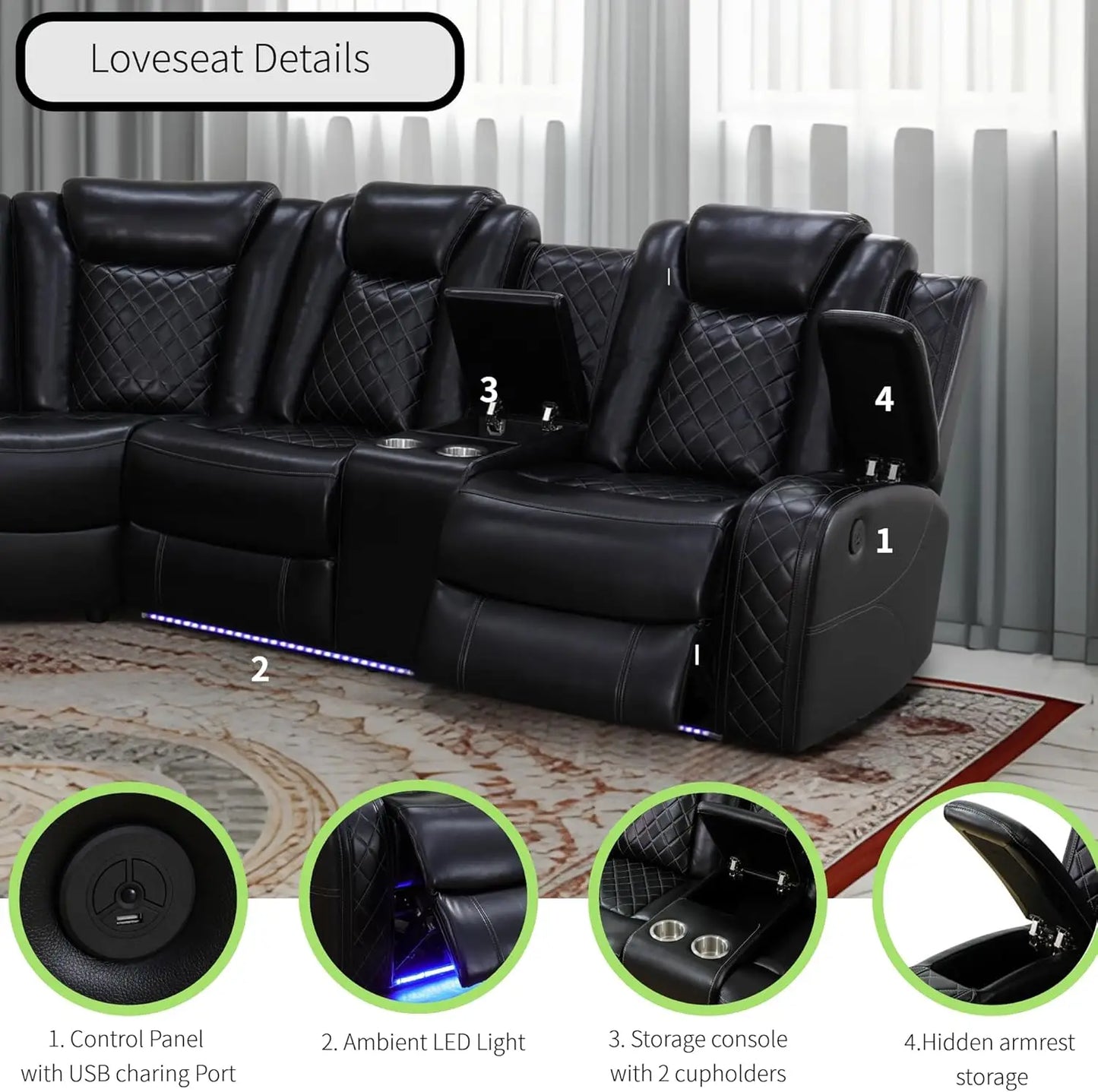 Air Leather Power Recliner Corner Sectional With LED Light