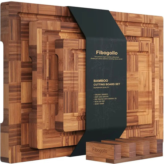 End Grain Bamboo Cutting Board Set With Juice Groove Holder