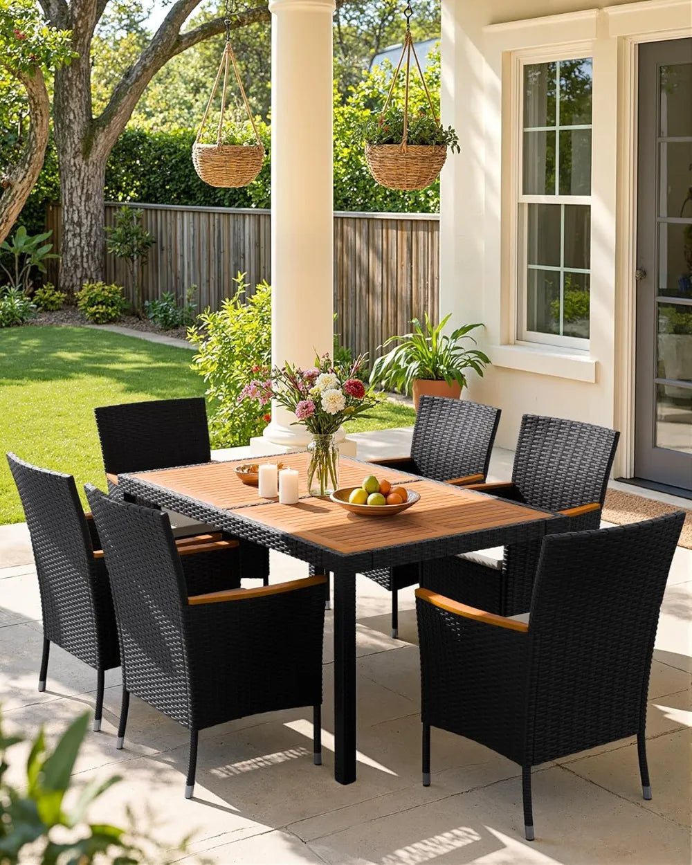 7-Piece Outdoor Patio Dining Set with Acacia Wood Table, Wicker Chairs, and Soft Cushions for Garden, Deck, Backyard