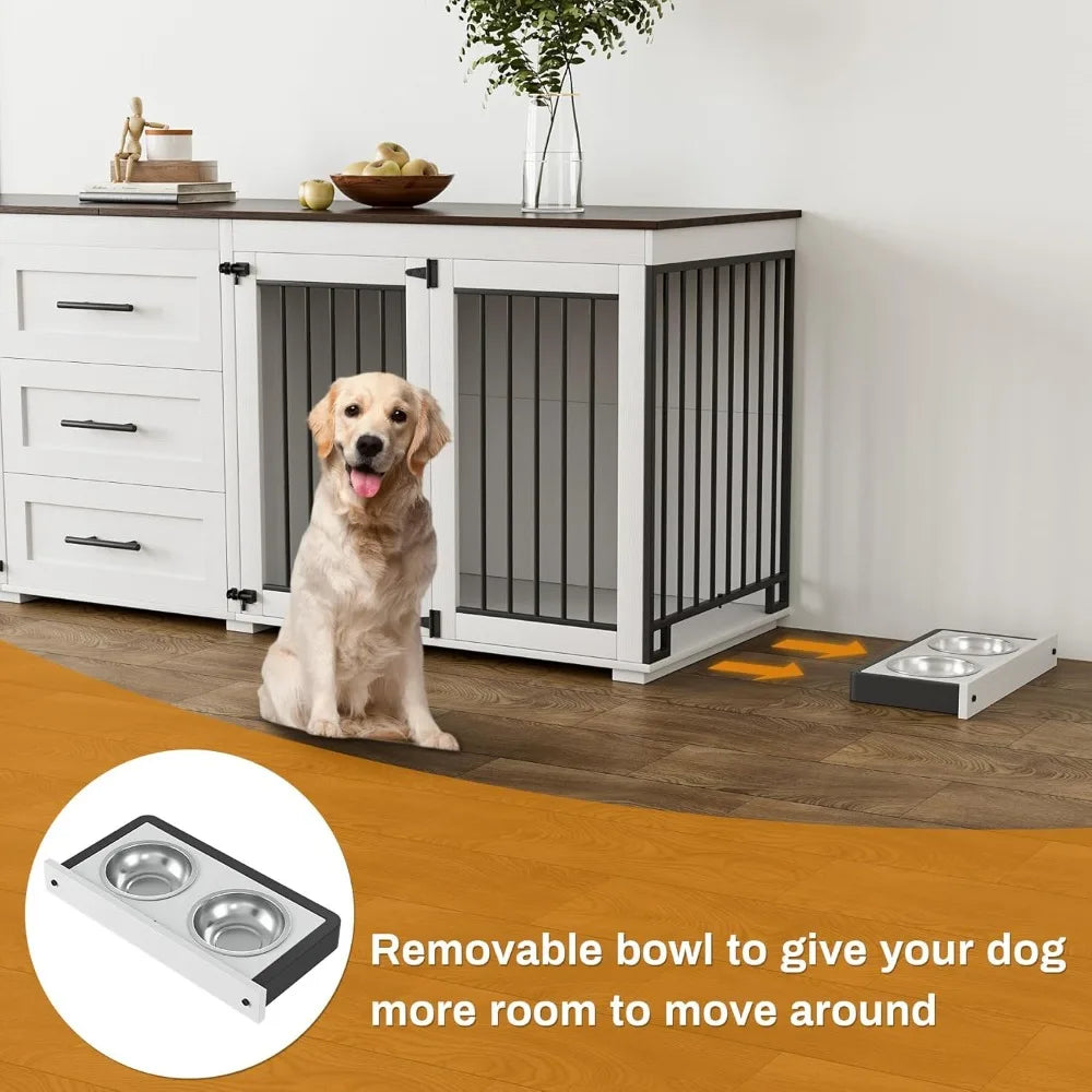 DAFIFY Double Wooden Dog Crate Furniture With Bowls And Drawers