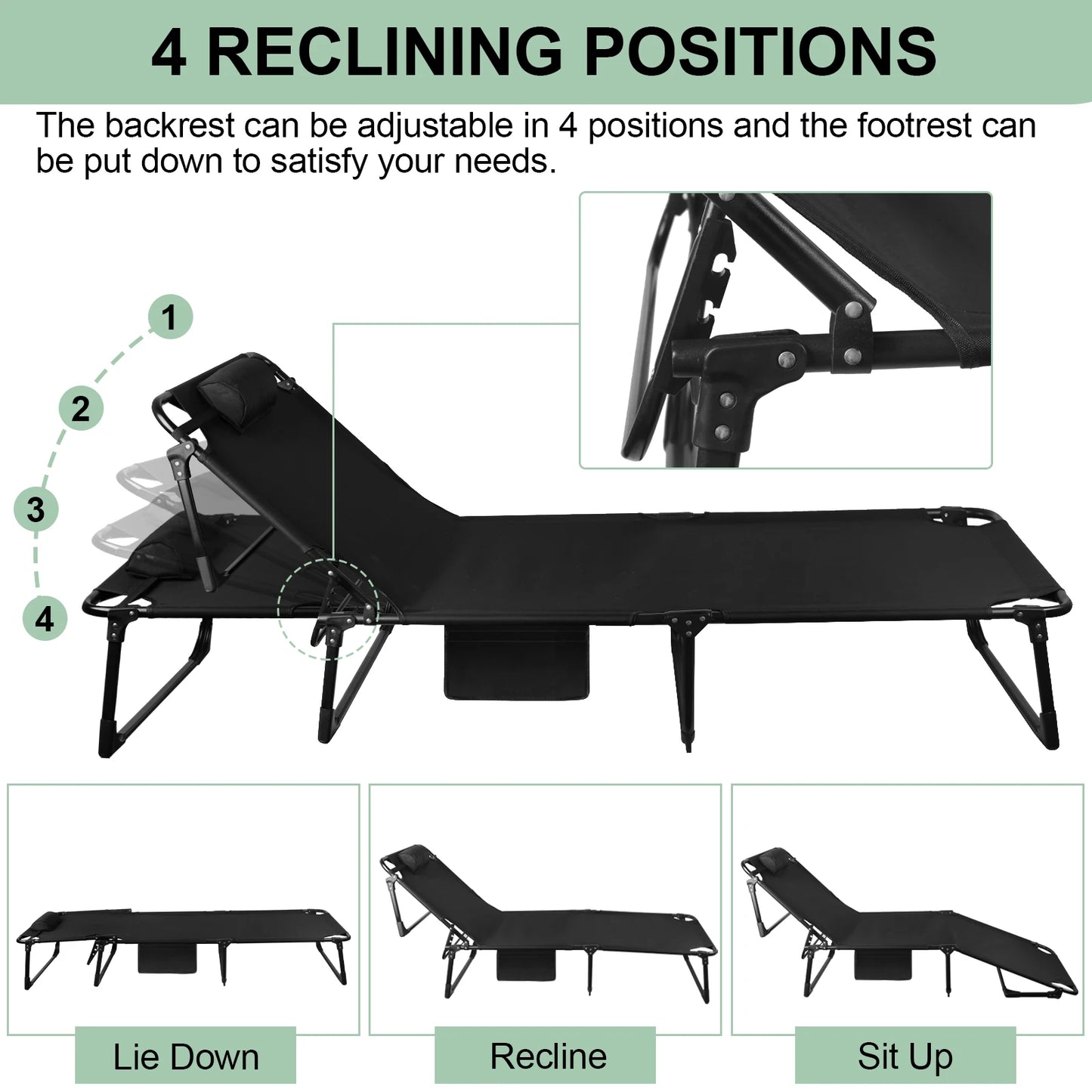 Portable Folding Camping Cot With 3 Position Adjustable Recliner Pillow