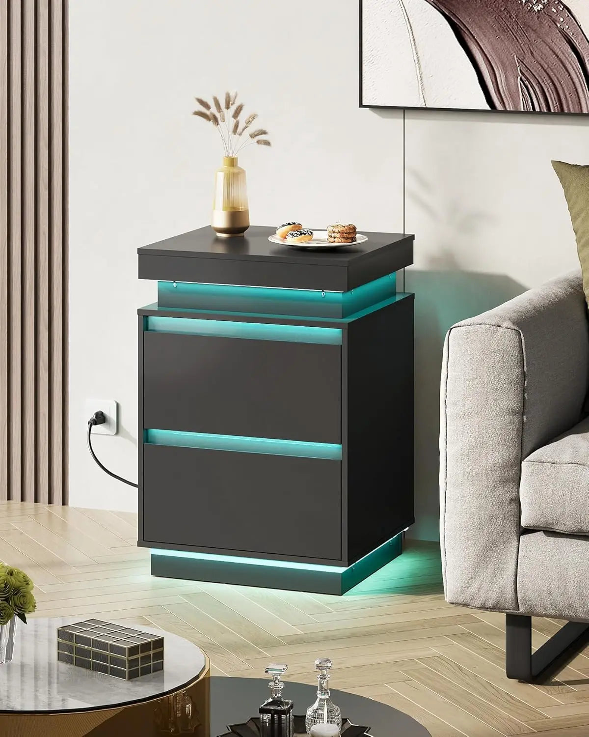 MOYU Nightstand With Charging Station And LED Lights Two Drawers