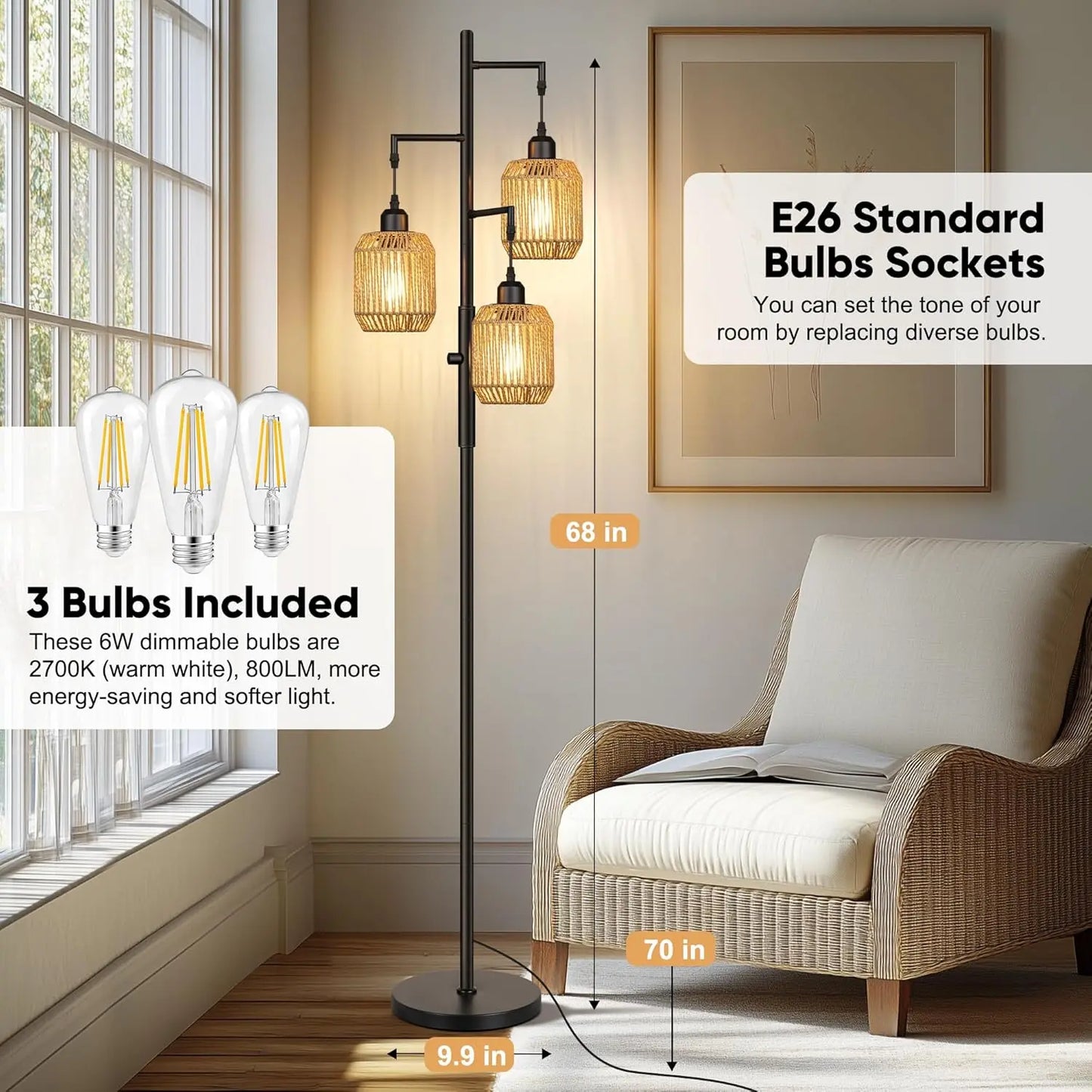 Dimmable Boho Floor Lamp 3 Light Farmhouse Rattan Design