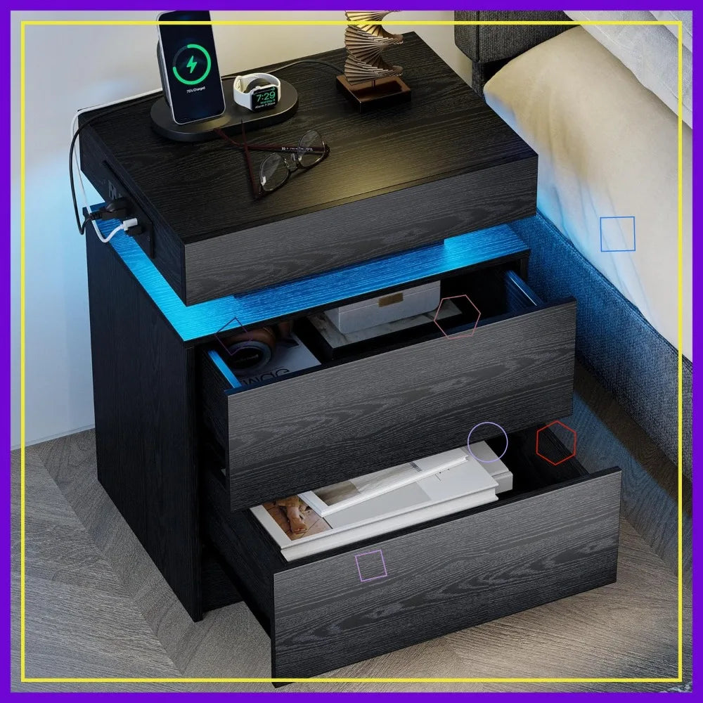Modern Nightstand With Charging Station, LED Light, And Drawers