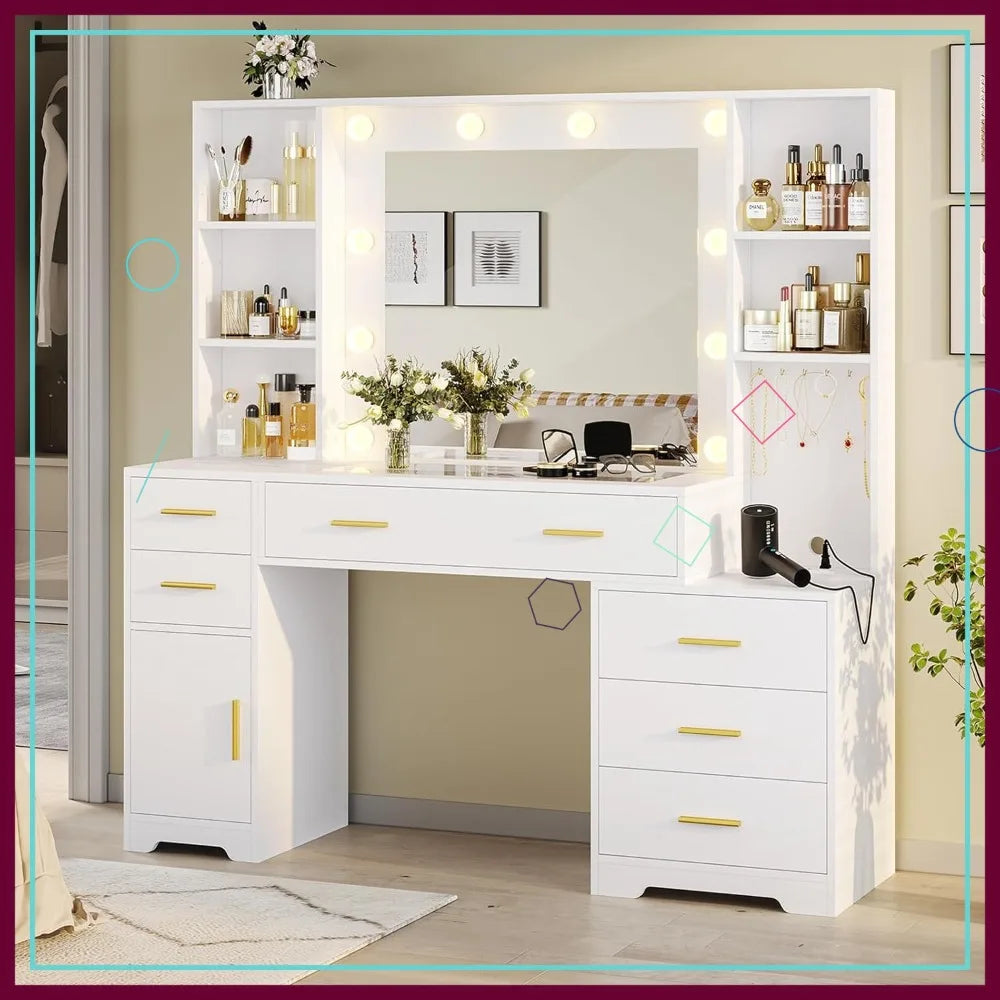 Vanity Desk With Lighted Mirror USB Outlets Drawers Storage