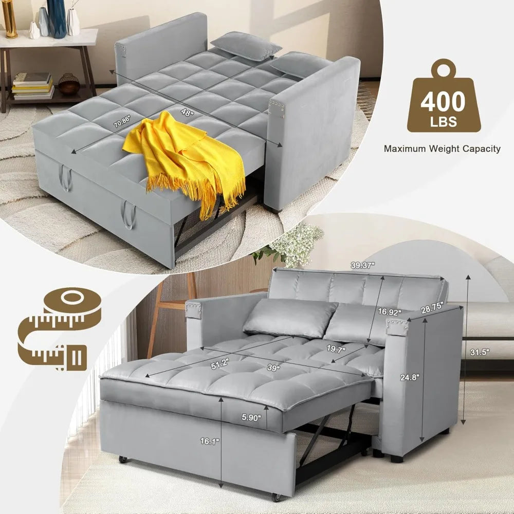 Convertible Velvet Sleeper Sofa Bed 3-In-1 Multi-Functional Couch