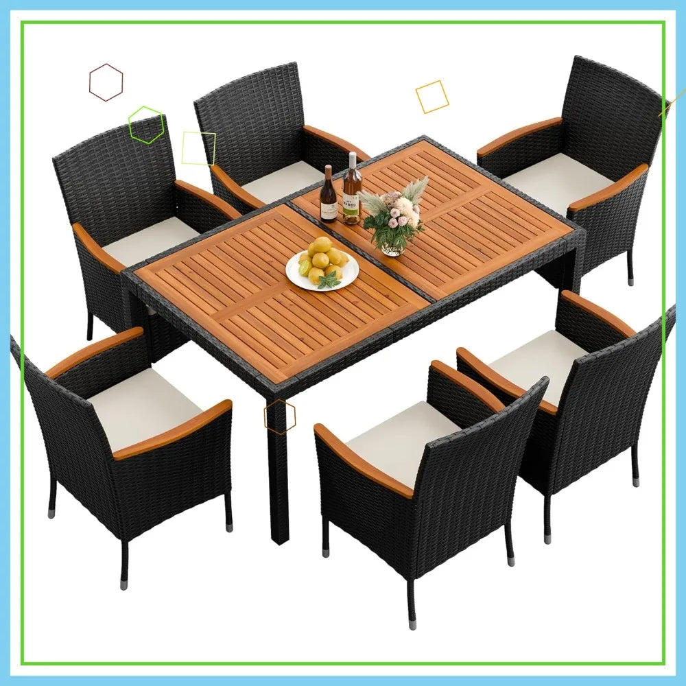7-Piece Outdoor Patio Dining Set with Acacia Wood Table, Wicker Chairs, and Soft Cushions for Garden, Deck, Backyard