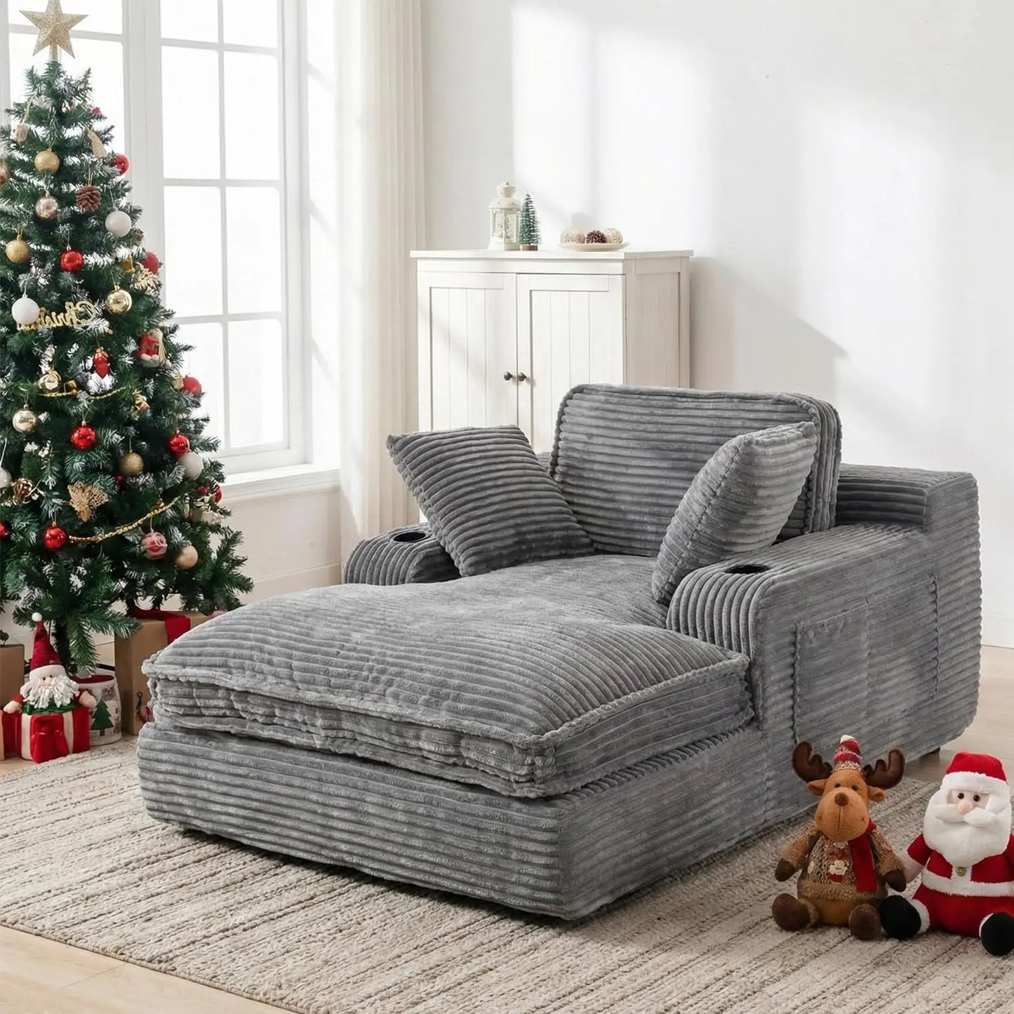 Indoor Oversized Chaise Lounge Chair With Pillows And Pockets
