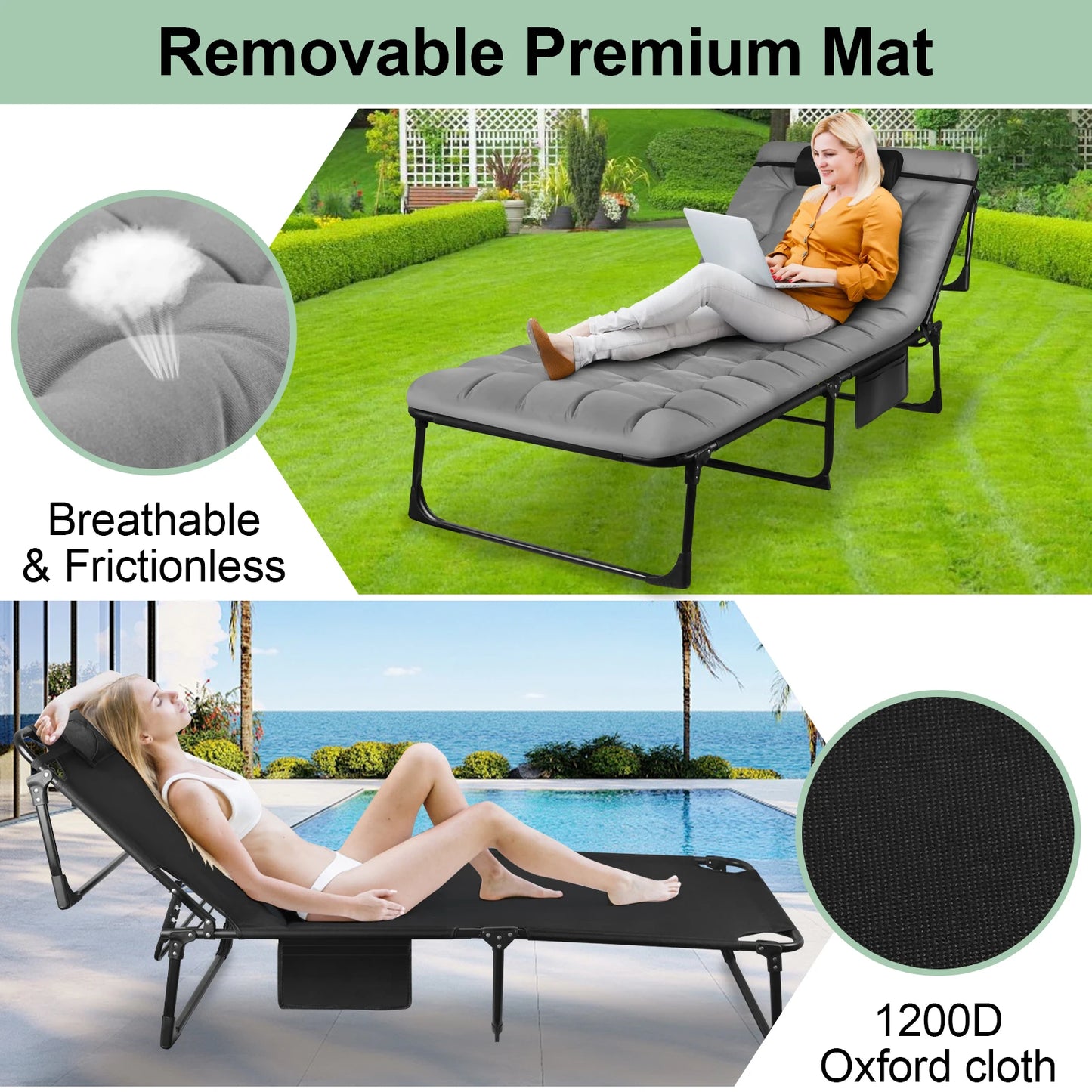 Portable Folding Camping Cot With 3 Position Adjustable Recliner Pillow