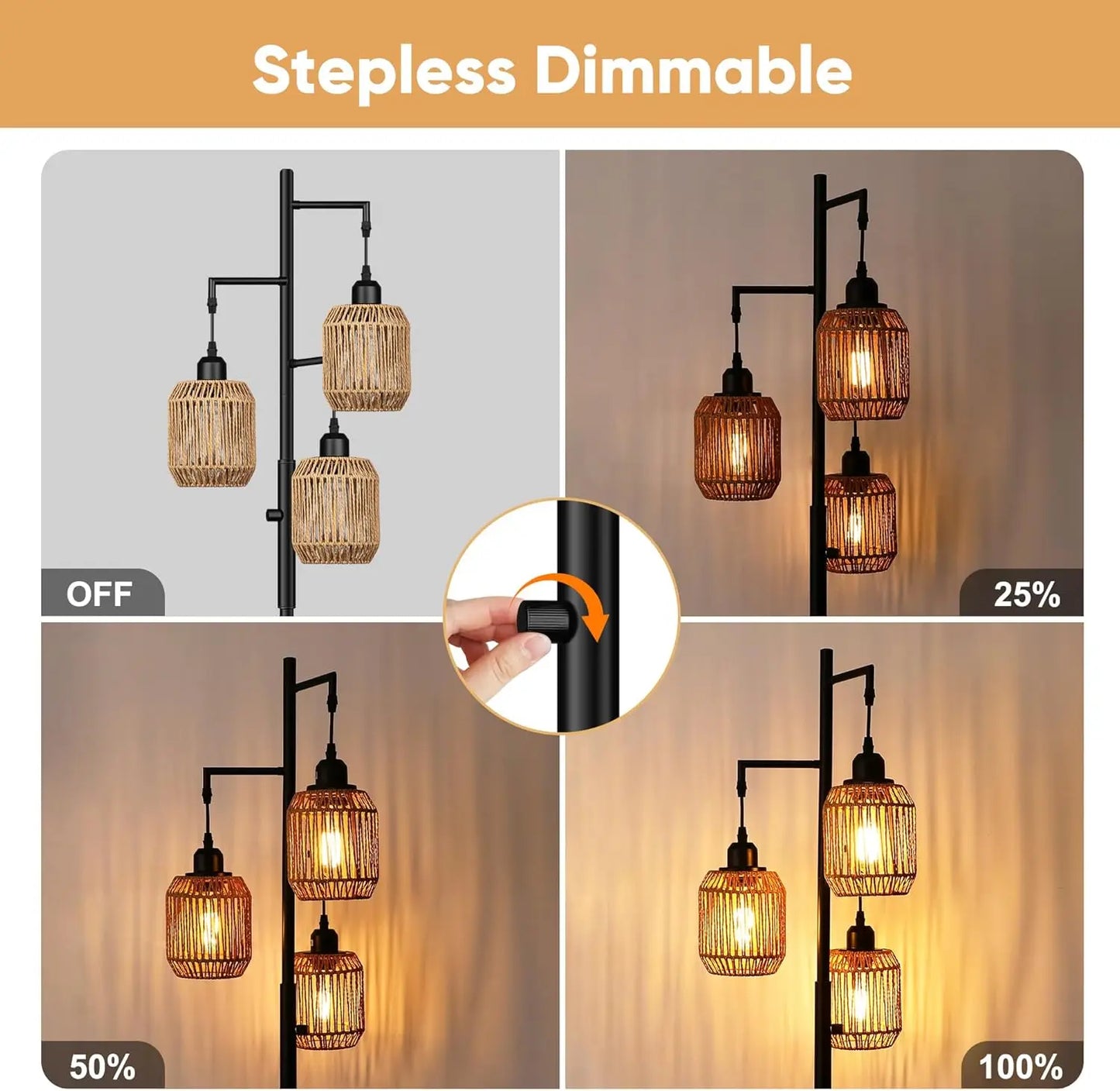 Dimmable Boho Floor Lamp 3 Light Farmhouse Rattan Design