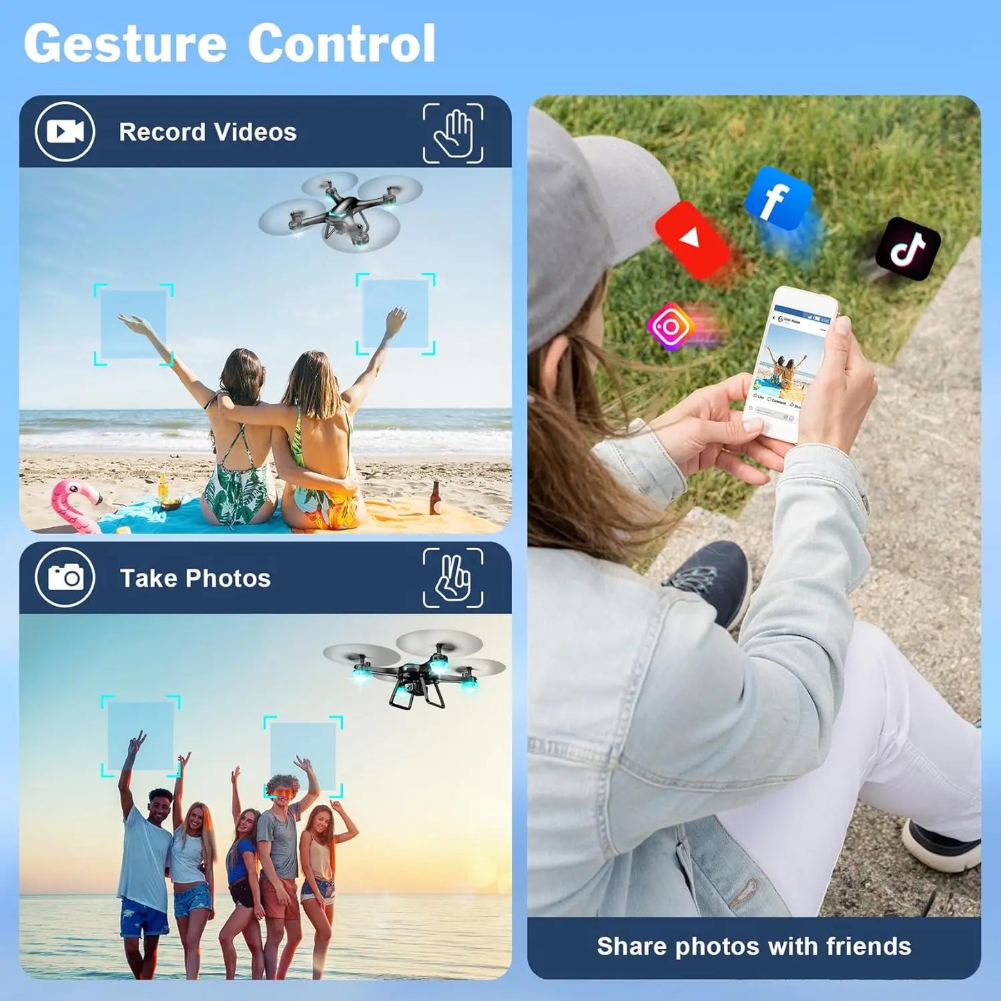 Beginner Drone with 1080P Camera, Gesture Selfie, Altitude Hold, One Key Start, 3D Flips, 2 Batteries