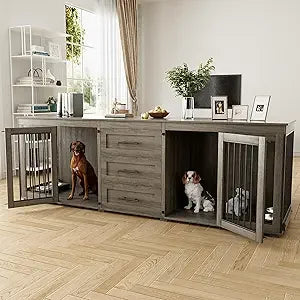 DAFIFY Double Wooden Dog Crate Furniture With Bowls And Drawers