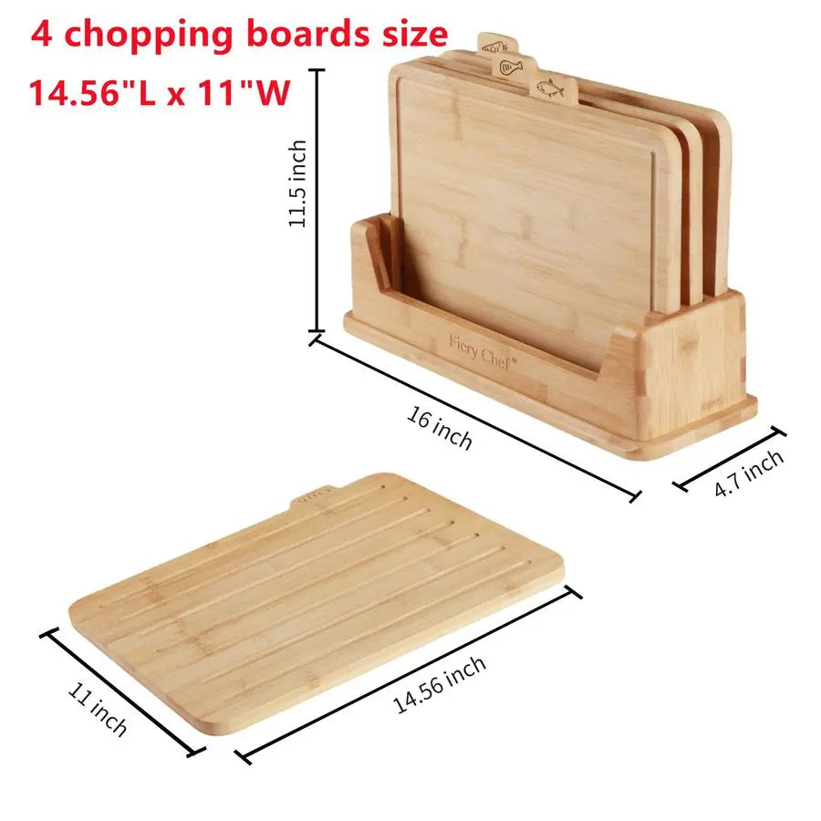 Bamboo Cutting Board Set Of 4 With Holder And Icons