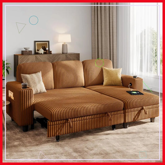 Convertible Sleeper Sofa With Storage And USB Charging Corduroy Couch