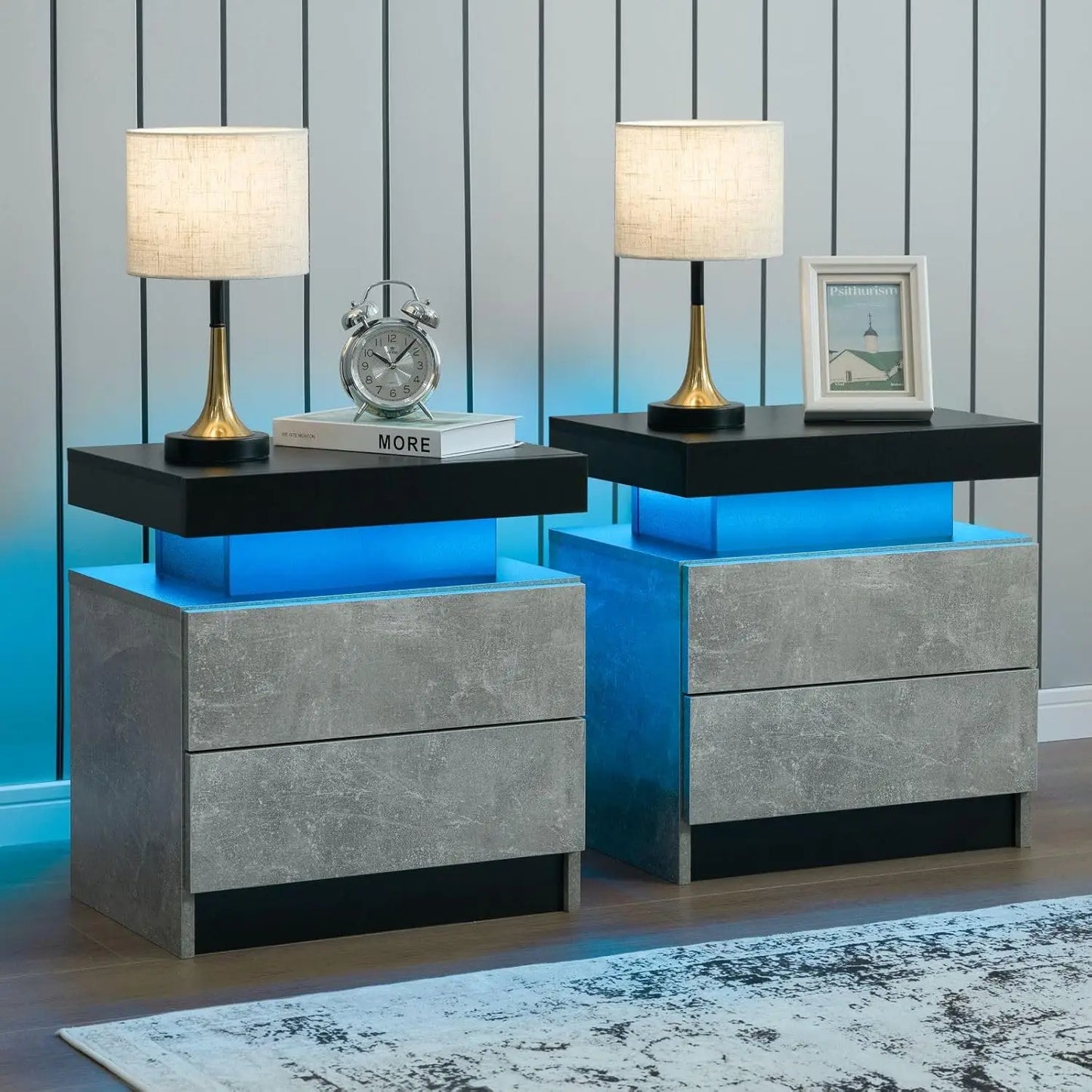 Modern Wood Two Nightstands Set With LED Lighting And Drawers