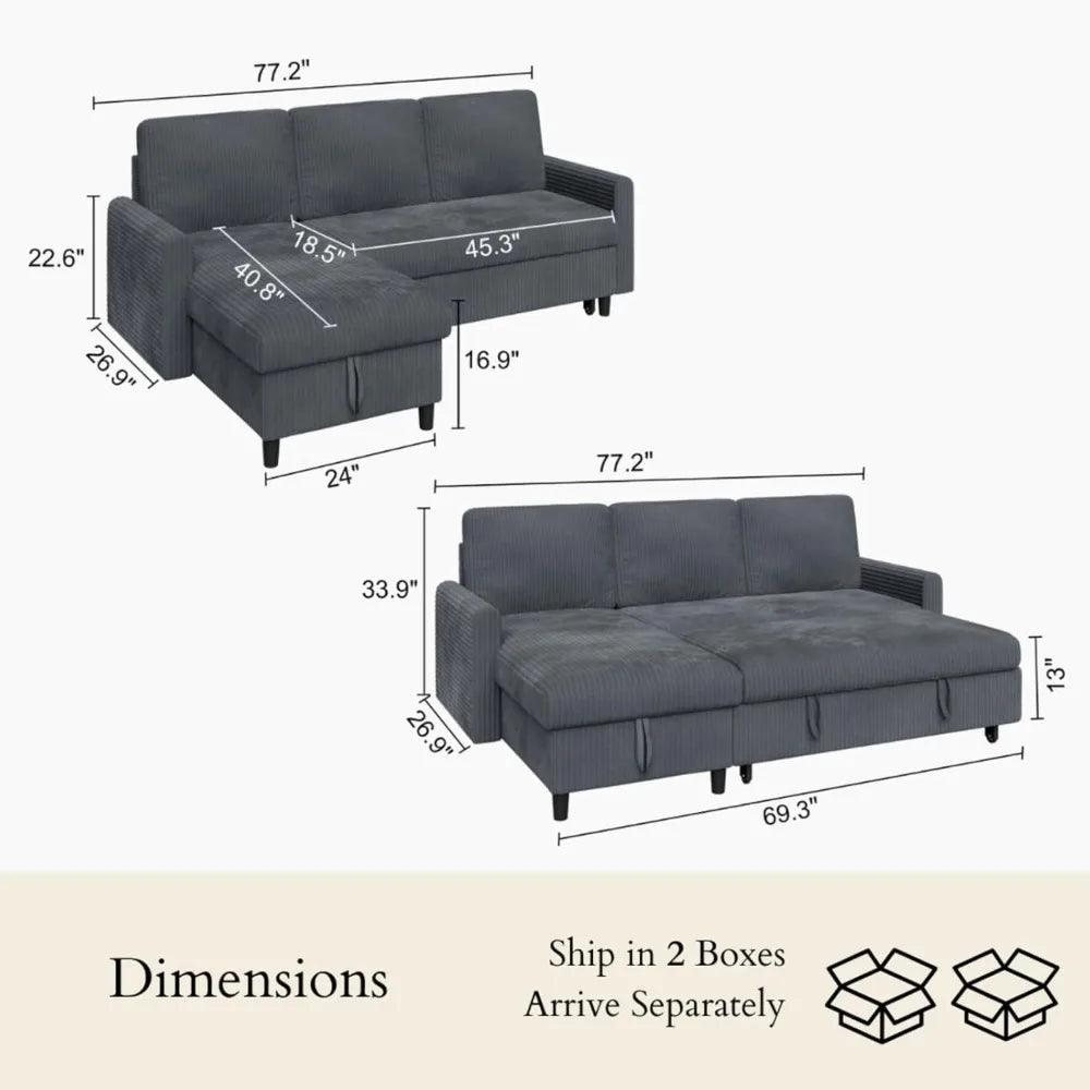 L-Shaped Corduroy Sofa Bed With Hidden Storage And Pull-Out Sleeper