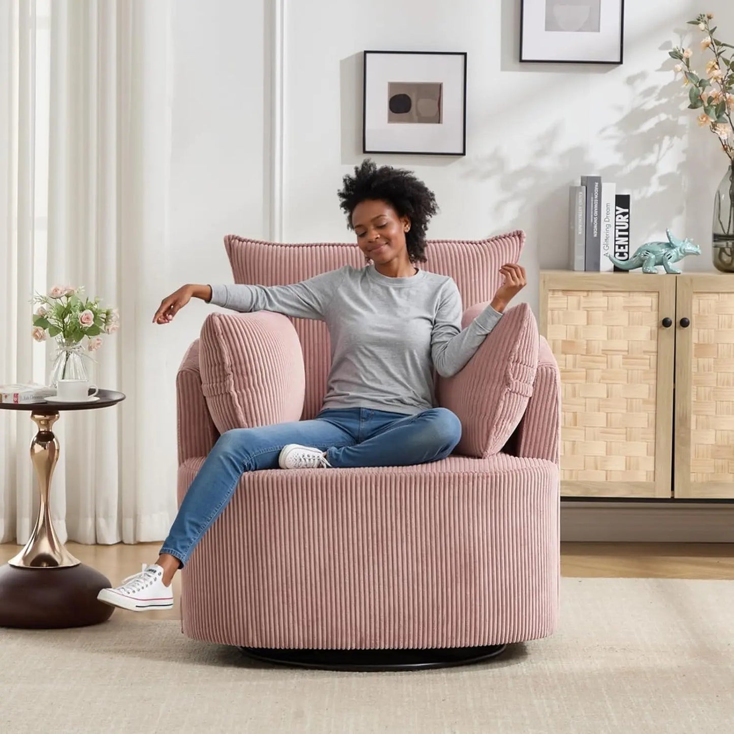 Corduroy Upholstered Swivel Barrel Chair Living Room Customized