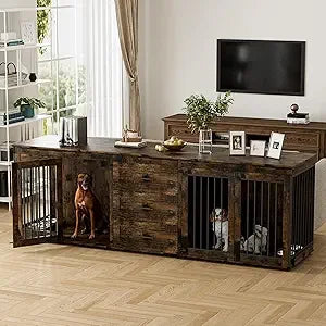 DAFIFY Large Double Dog Crate Furniture For 2 Dogs Indoor