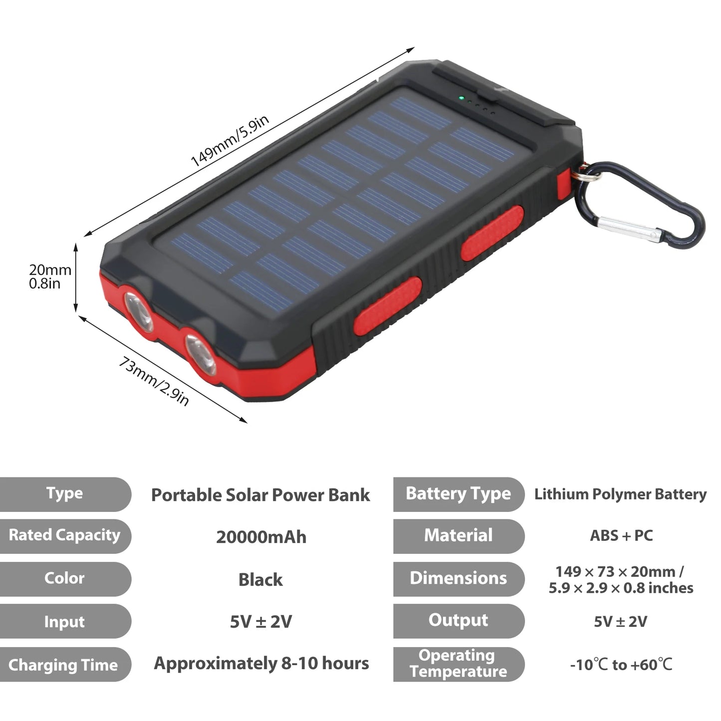 Solar Charger 20000mAh Waterproof Power Bank With LED Flashlight