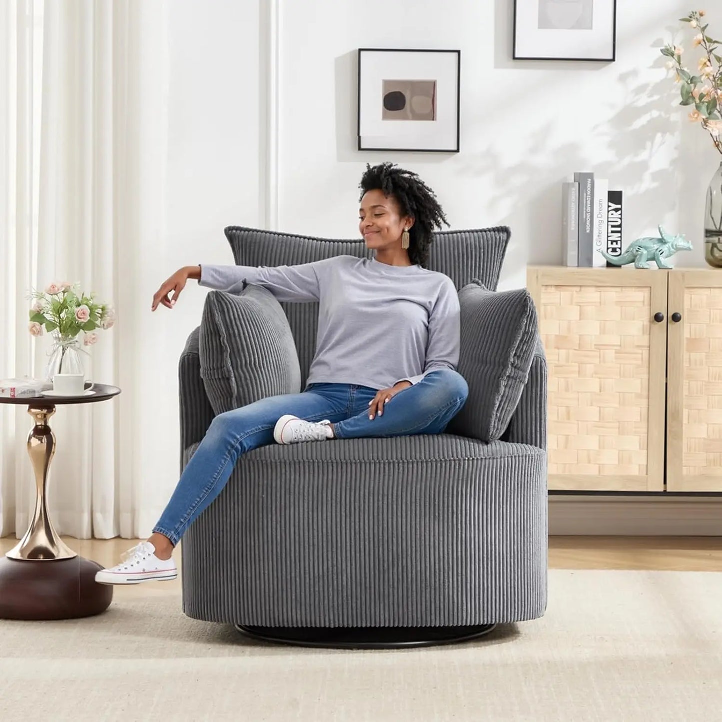 Corduroy Upholstered Swivel Barrel Chair Living Room Customized