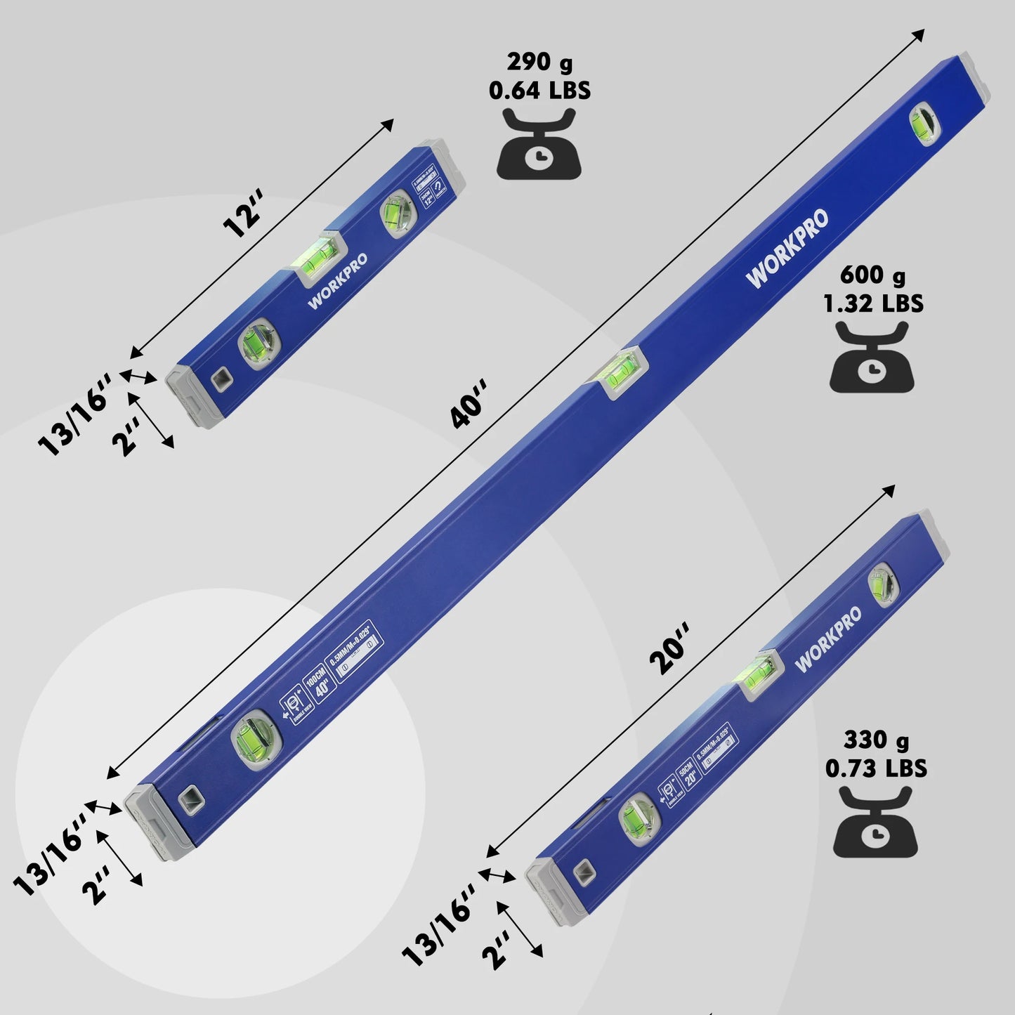 WORKPRO 3 Piece Spirit Level Set Magnetic Torpedo Level