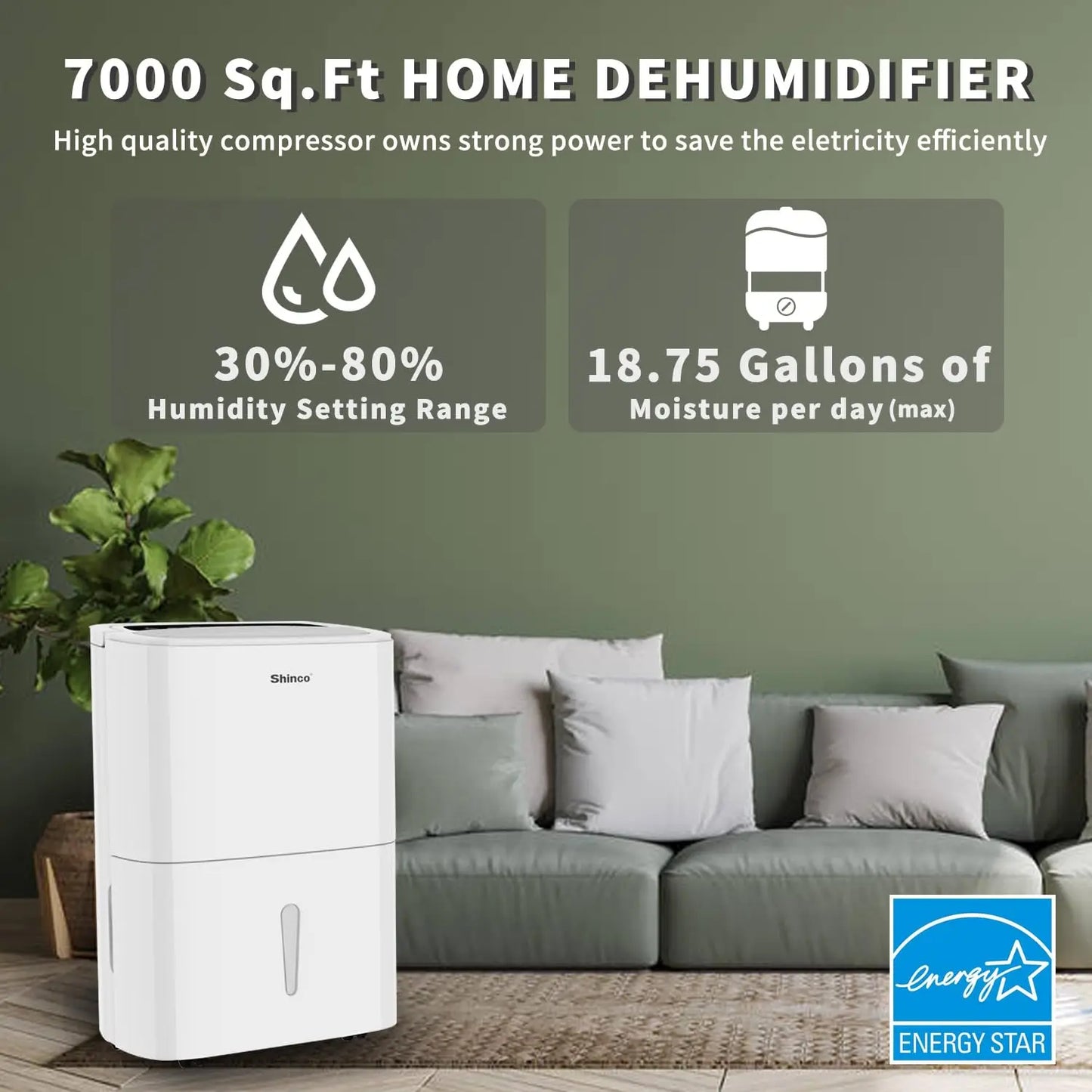 Shinco 70 Pints Energy Star Dehumidifier for Large Spaces up to 7,000 Sq.Ft Built-in Pump, 1.85 Gallon Water Tank