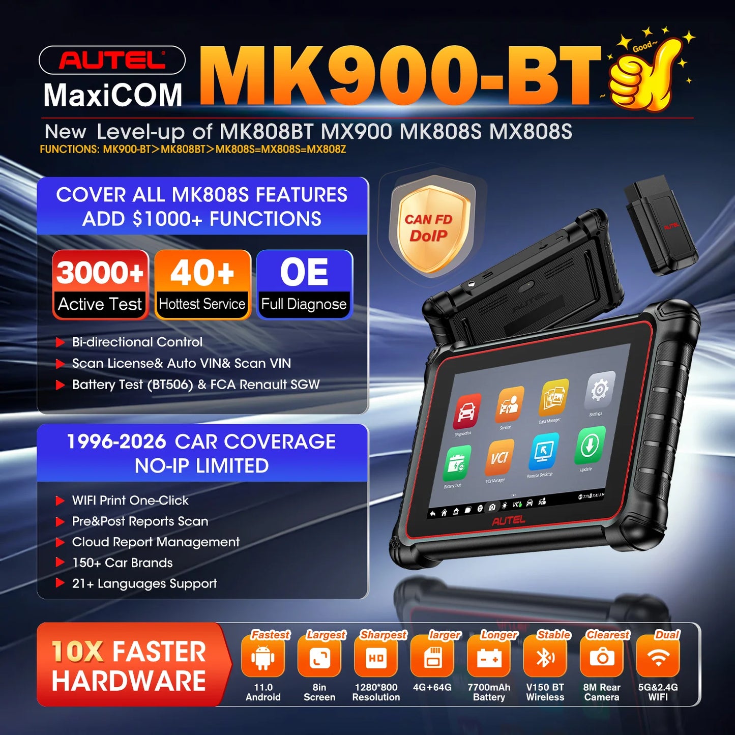 Autel MaxiCOM MK900 BT MK900BT 8 Inch Car Diagnostic Tools 40+ Services CAN FD DOIP OBD2 Scanner Upgrade of MK808BT Pro MK808S