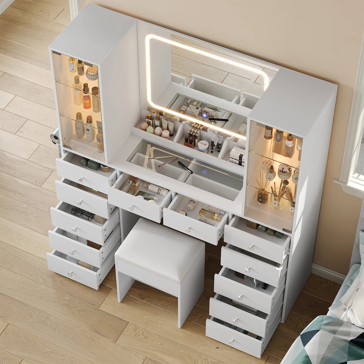 Bedroom Makeup Vanity Desk With Mirror And 12 Drawers