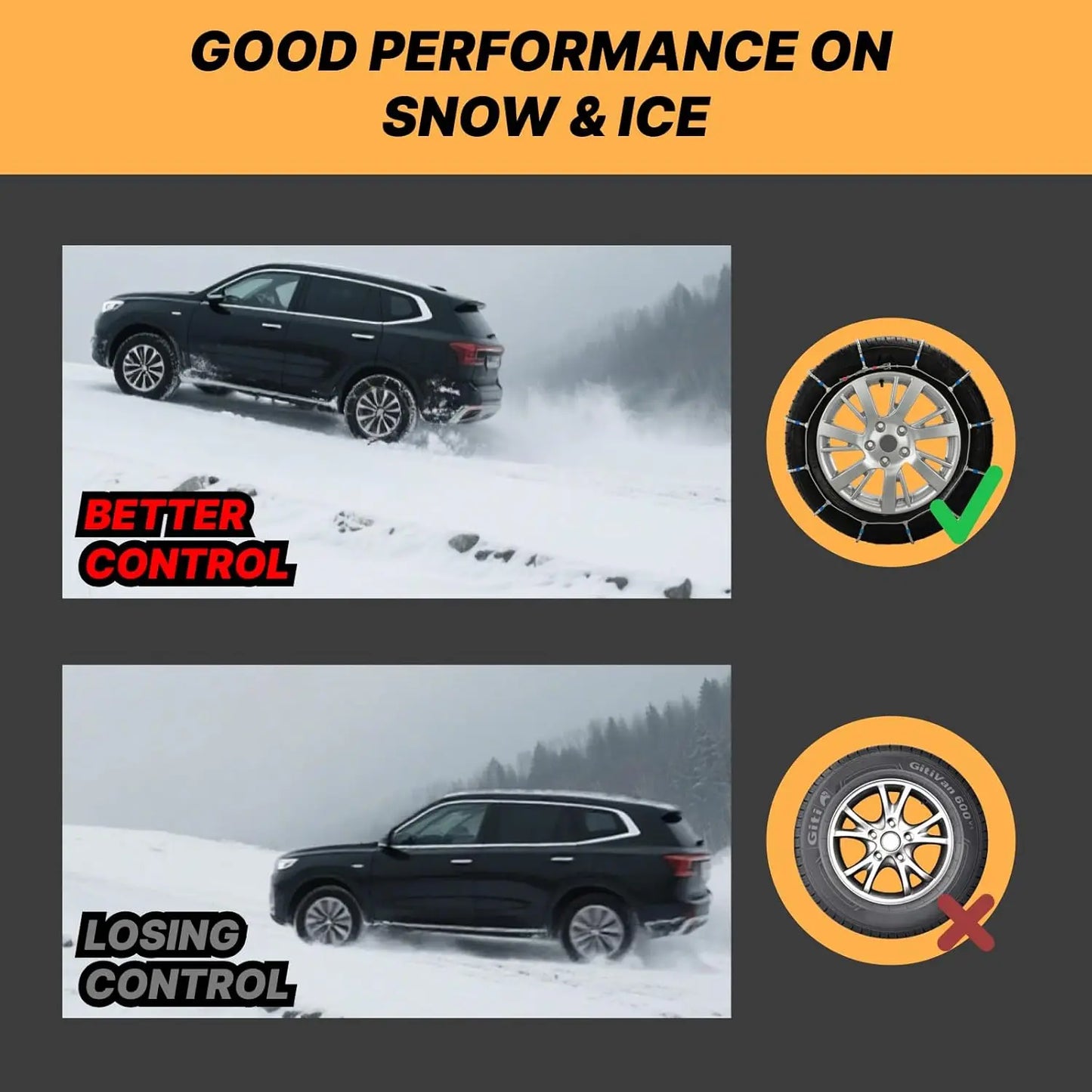 Quick-Fit Snow Chains For Cars, Light Trucks And SUVs Easy-Install