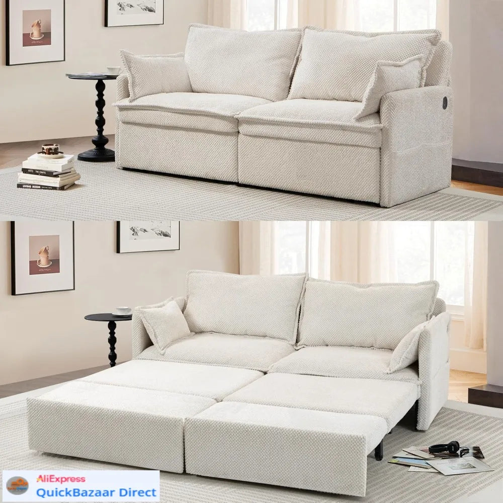 Corduroy L Shaped Pull Out Sofa Bed With USB Charger