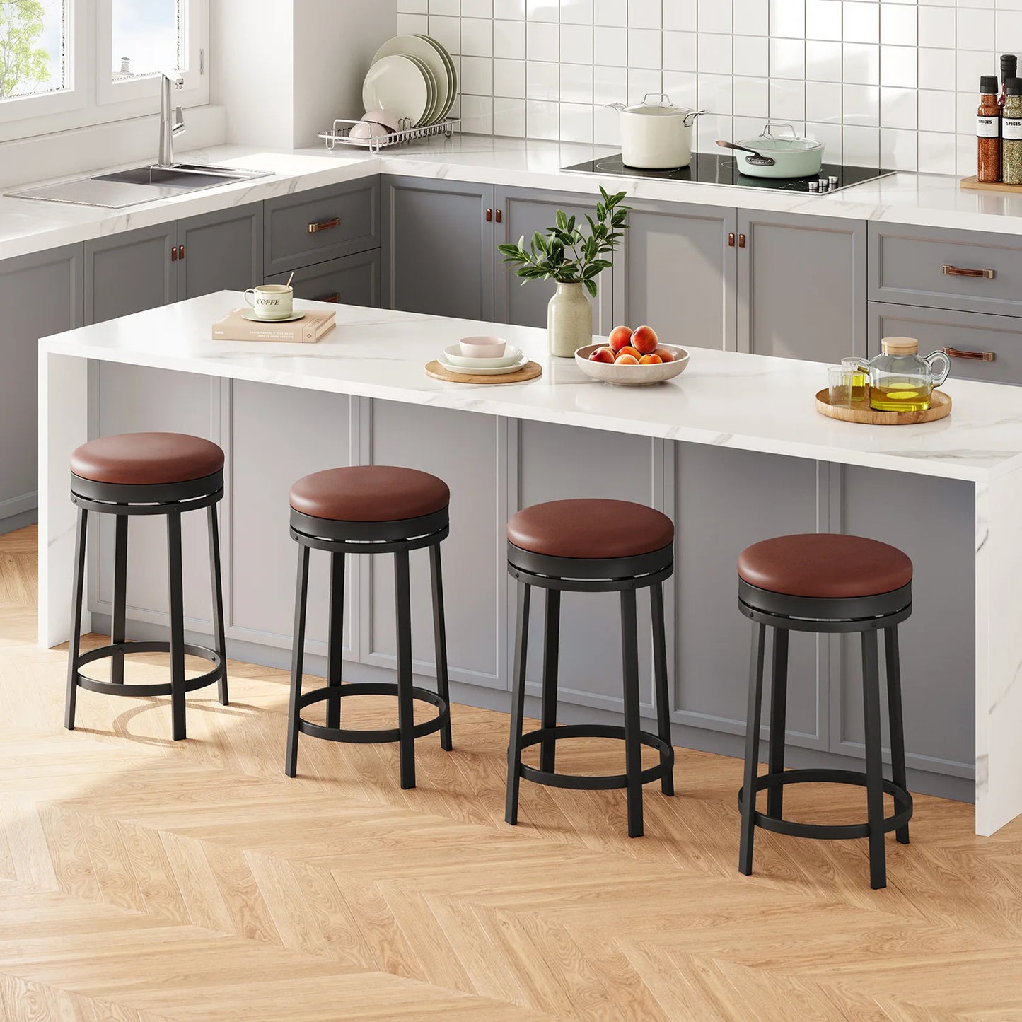 TWISTER.CK Backless Swivel Bar Stools, PU Leather, Metal Frame